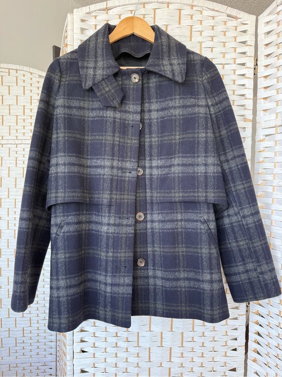 Barneys New York Jackets & Blazers - Barneys New York Navy and Gray Plaid Wool Peacoat
